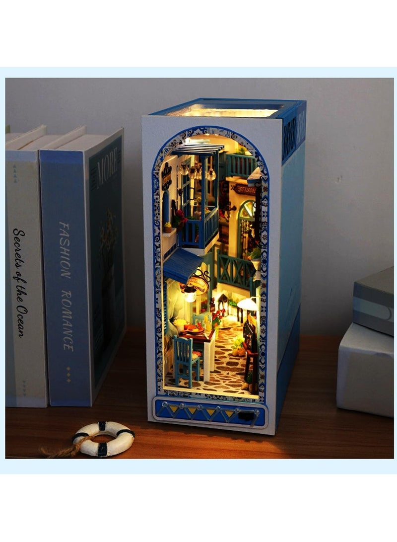 DIY Book Corner Kit, 3D Wooden Puzzle Book Corner, Decorative Bookends, Bookshelf Insert Decorative Alley with Furniture and LED Lights for Birthday Home Desk Decoration (Sea Breeze Realm) - Image 2